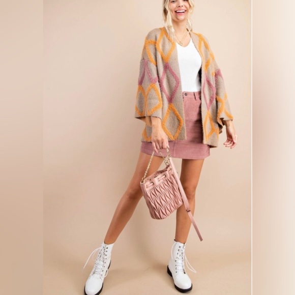Kori Sweaters - KORI Diamond Pattern Plush Coatigan Sweater